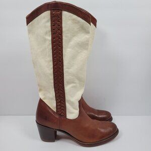 Frye Braided Leather and Canvas Women's Brown Cream Riding Boots US Size 9B